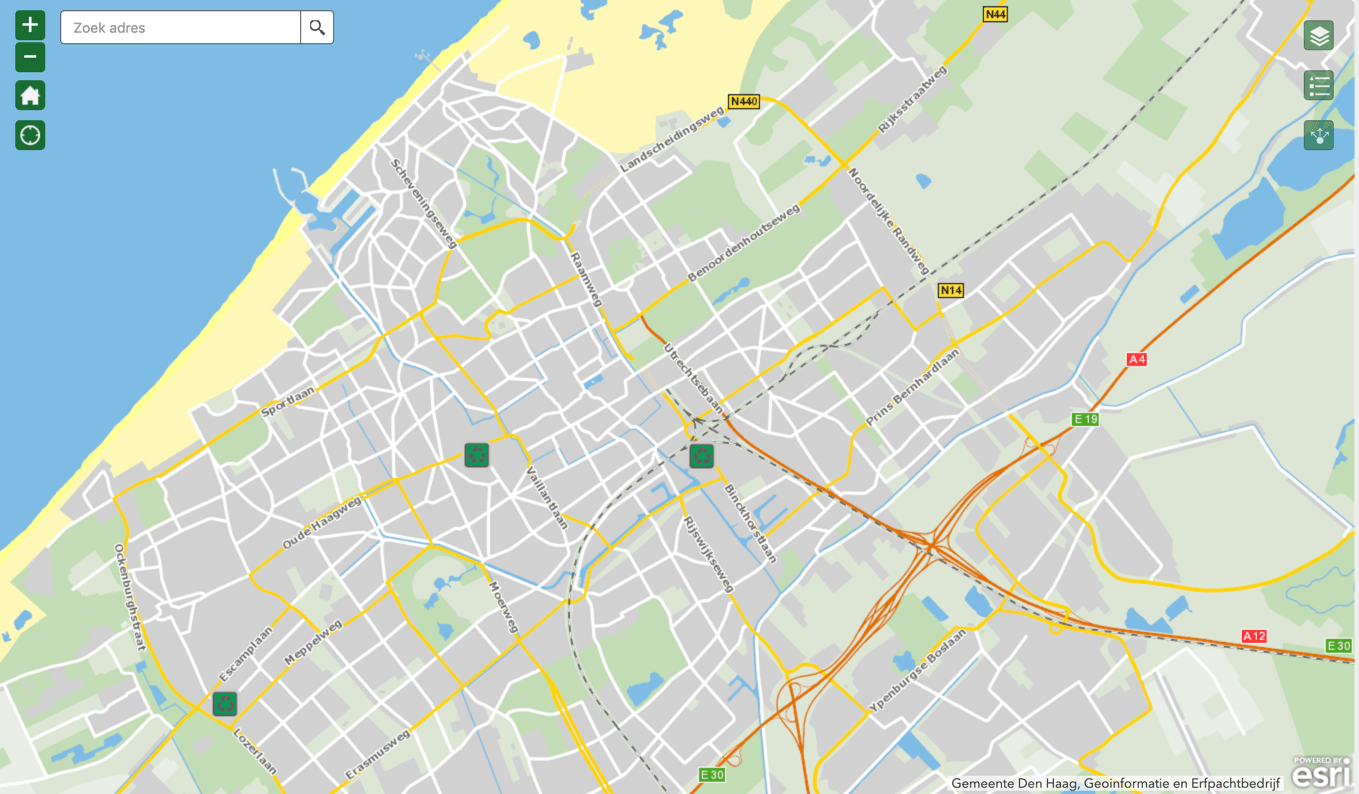 Kaart van afvalbrengstations in gemeente Den Haag